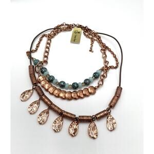 Premier Designs Necklace Multi Stands Cooper Tone Blue Beads 18”+3.5”